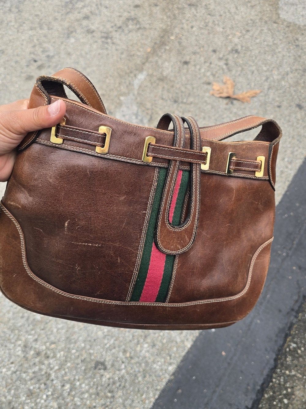 Brown Leather Men’s Shoulder Bag with Green and Red Stripe